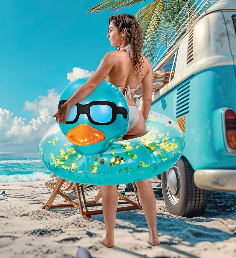 POZA Inflatable Duck Pool Float Tube- Heavy Duty Vinyl UV Resistant Confetti Pool Duck Floatie, Animal Pool Float Swim Ring Pool Inflatables for Kids and Adults for Beach, Party, Vacation - Image 4